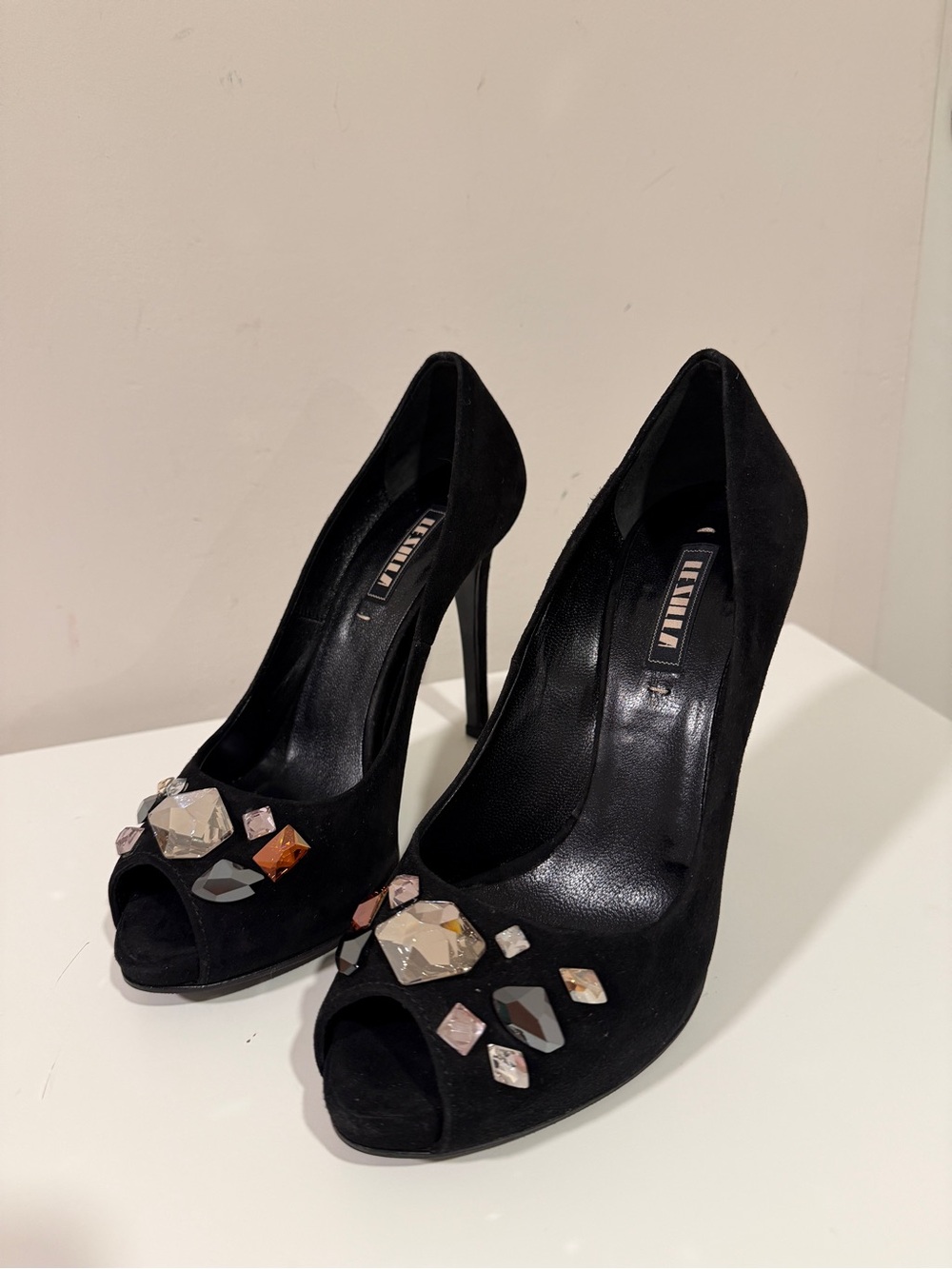 Le Silla Black Suede Crystal Embellished Peep Toe Stiletto Heels EU 36